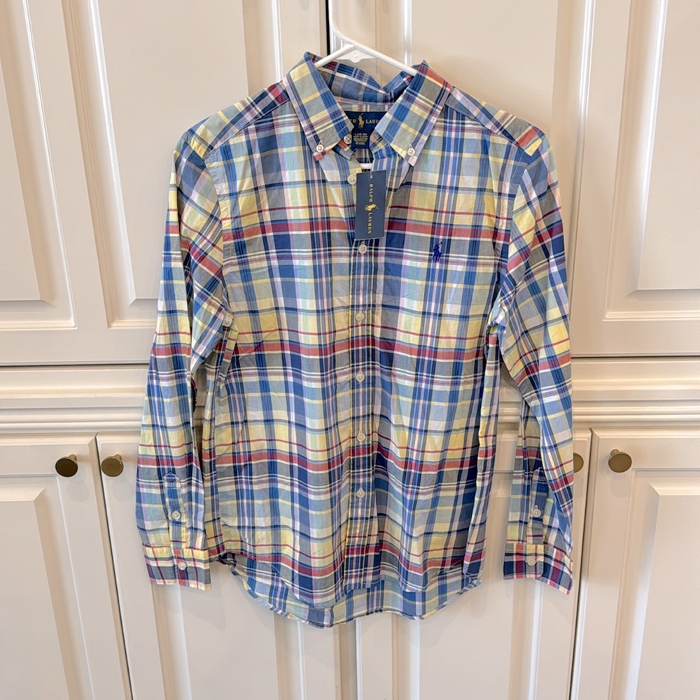 NEW Ralph Lauren button down, size L (14-16). Multi color.